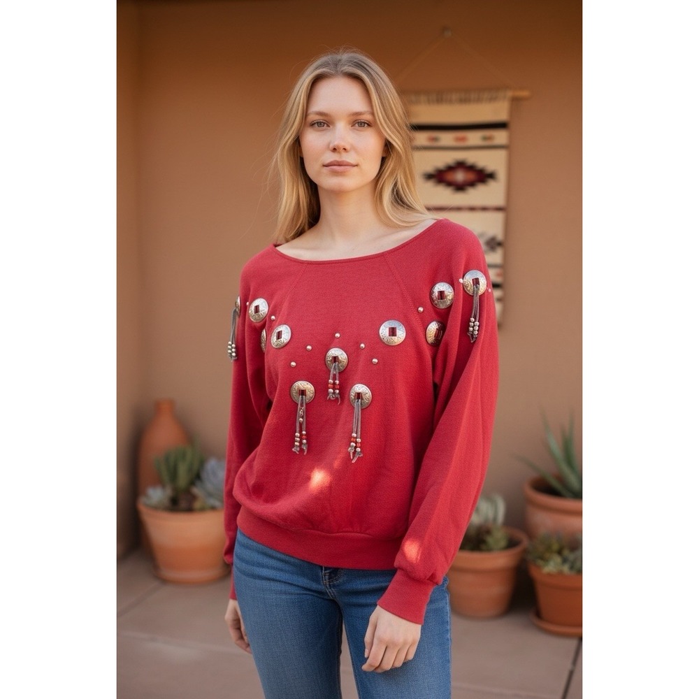 VTG Red Boho Southwestern Sweatshirt, Silver Conchos & Beaded Tassels, Size S